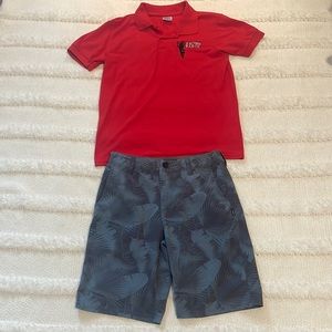 O’Neill shorts boys zippered pocket gray green leaves size 27 red polo shirt XL